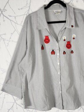Lasolas Gray Pinstripe Ladybug Embroidered Button Front Shirt